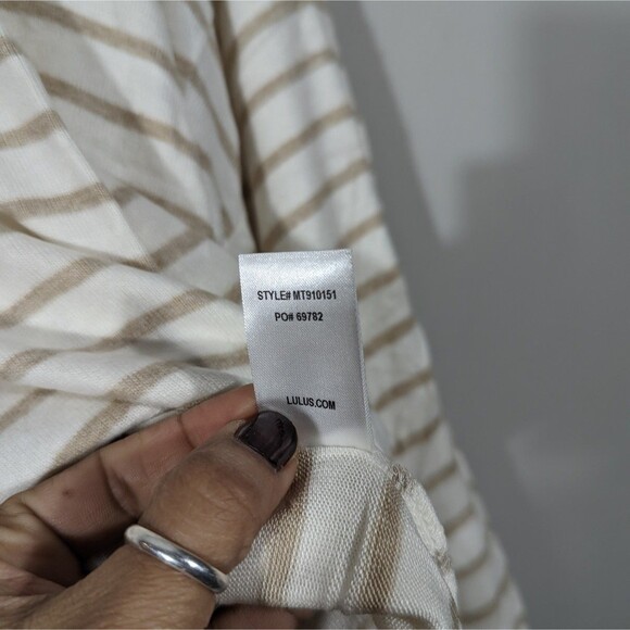 Lulus Top Women Size S Tan Stripe Long Sleeve Crop Relaxed Shirt VSCO Girl - Picture 6 of 6